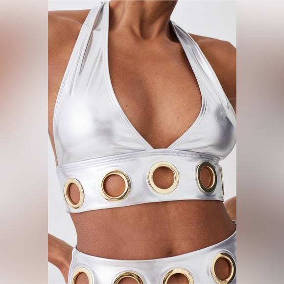 KAREN MILLEN 🆕 Silver Lame Eyelet Detail Halter Neck Bikini. Size XS. SOLD OUT! - Picture 3 of 5